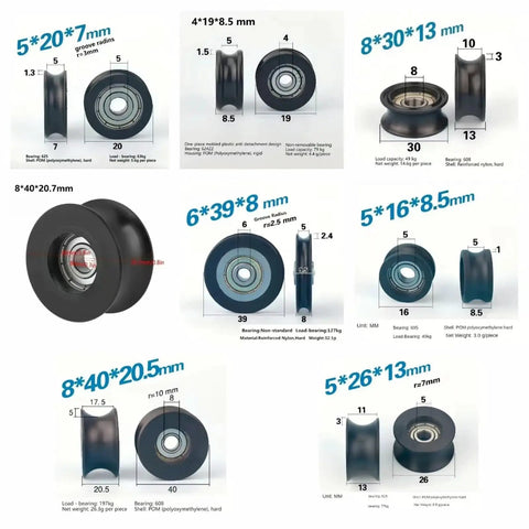 5 Pack Nylon U Groove Pulley Wheels With Embedded Ball Bearings Fits 8mm Bore And 40mm Outer Diameter For Linear Tracks And Transmission Setups Smooth Roll And Low Friction POM Construction Keeps Your Rig Running Like New While You Crush Every Project - various sizes with bearings and specifications.