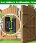 Built Like A Tank Bolt On Gate Hinges Heavy Duty 1000 Lbs Anti Sag L Shaped Swivel Bearings shown on a wooden gate.