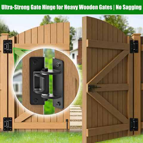 Built Like A Tank Bolt On Gate Hinges Heavy Duty 1000 Lbs Anti Sag L Shaped Swivel Bearings shown on a wooden gate.