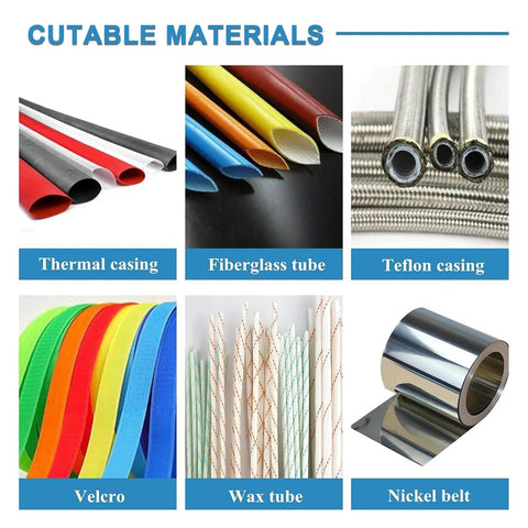 Cutable materials including thermal casing, fiberglass tube, Teflon casing, Velcro, wax tube, and nickel belt for pipe cutting.