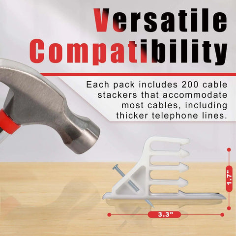 200 Pack White Cable Staples With Steel Nails For Quick No Fuss Cable Stacking Clips shown with dimensions and hammer