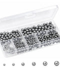 Boss Grade 620 Piece 304 Stainless Steel Ball Assortment Kit featuring six sizes in clear container for bicycle repair.
