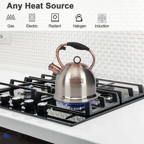 Stainless Steel Whistling Tea Kettle For Stovetop, Food Grade Build With A Thick 5 Layer Bottom For Even Heating, 3 Quart, on gas stove