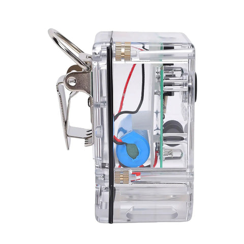 Hella Dependable Firefighter Distress Alarm With Automatic Motion Detection, clear casing, visible battery, 3 inch size.