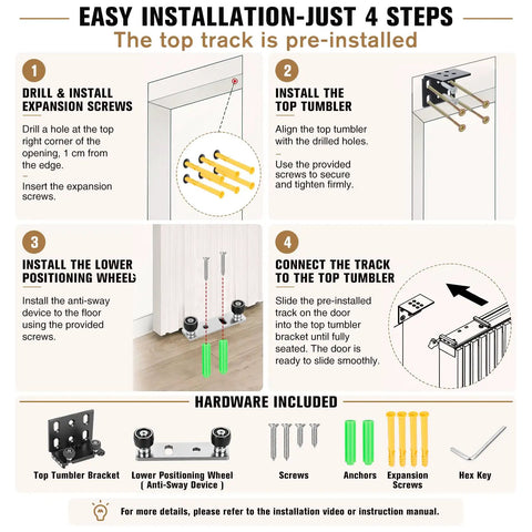 Massive Space Saver Trackless Sliding Barn Door With Built In Mirror And Soft Close Hardware Kit To Keep Your Floors Clear And Glides Like Butter For A Zero Hassle Room Upgrade Homeowners Absolutely Love installation steps diagram highlighting tools and components.