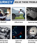 Image showing common car issues: oily smell, difficult starts, sputtering engine, lower fuel efficiency, whine from tank.