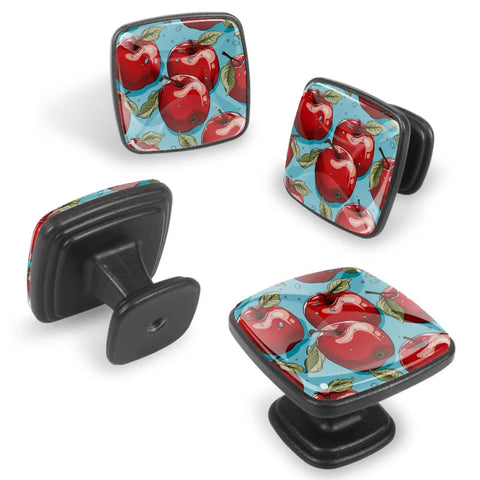 Red Fruit Glass Cabinet Knobs Set Of Four Featuring Bold Square Shapes And Smooth Edges Ideal For Kitchen Drawers And Dressers, showcasing apple designs.