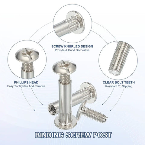 Heavy Duty Binding Screw Posts 20 Pack Slick Nickel Plated Carbon Steel Fasteners With No Flake Durability Built To Last, showing features like Phillips head and knurled design.
