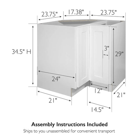 36 Inch White Corner Kitchen Cabinet With Dual Lazy Susan Spin Shelves And Smooth Operator Soft Close Doors dimensions and details