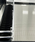 Interior view of Top Shelf Commercial Four Door Glass Display Cooler Packing Hella Storage With Six Hundred Liters showing chrome shelves.