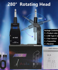 Wireless Guitar System With 2.4G Tech featuring 280° rotating head, transmitter, receiver, and accessories on display box.