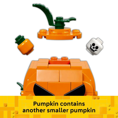 Jack O Lantern Pumpkin Pickup Truck Building Set For Kids shows orange pumpkin with a removable leaf, smaller pumpkin, and skull piece.