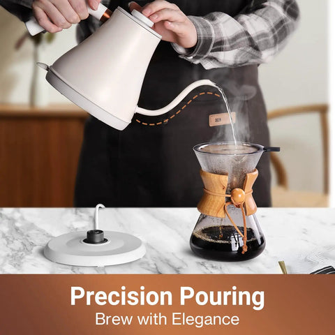 Person using Stainless Steel Gooseneck Electric Kettle for Pour Over Coffee, Fast 1000W Heating, Auto Shut Off, 27 Fl Oz Milk White