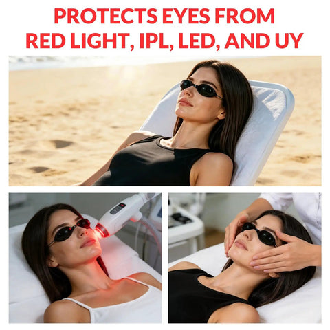 Straight Up The Best Red Light Therapy Glasses With Half Clear Lenses Offer Top Shelf Eye Protection For Tanning Beds By Blocking UV And Infrared Waves While Giving You Solid Coverage And Zero Fuss During Every Session, worn by a woman for laser treatment.