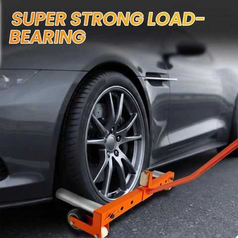 Heavy Duty Tire Wheel Dolly With Adjustable Width And Reinforced Steel Body For Quick Garage Hauling Of Car Truck And Trailer Tires Featuring Low Profile Rollers Up To 580 Pounds Capacity, shown under a car wheel.