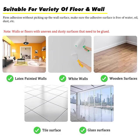 Image showing different surfaces like latex painted walls, white walls, wooden, tile, and glass surfaces suitable for adhesive.