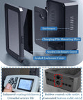 Top Shelf Outdoor EV Charger Pedestal With Keypad Lock For Tesla Model Y showing weatherproof enclosure, cable outlet, and mounting plate details.