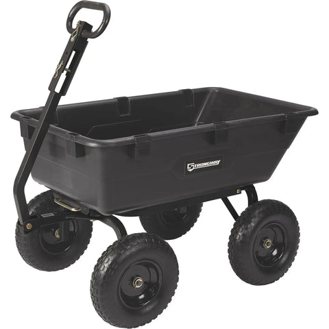 Professional Grade Heavy Duty Poly Garden Wagon 1200 Lb Capacity Quick Release Dump Bed with black molded tub and durable wheels.