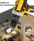 Pro Grade 21V Cordless Electric Drill Driver Kit With Two 1200 mAh Lithium Batteries And Multi Speed Settings for home maintenance near a workstation.