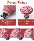 Close-up of Premium Rose Red Ceramic Cabinet Knobs Set Of Eight Drawer Handles featuring embossed design and solid zinc alloy base.