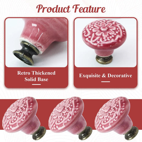 Close-up of Premium Rose Red Ceramic Cabinet Knobs Set Of Eight Drawer Handles featuring embossed design and solid zinc alloy base.
