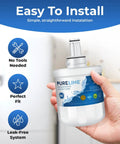 Person holding Easy Install PureLine Replacement Water Filter For Samsung Refrigerators Fits DA29-00003G series with features shown.