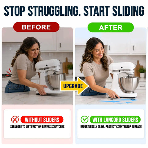 Heavy Duty Small Appliance Sliders For Countertop Glide 16 Pack Kitchen Mover Pads shown in before and after comparison with stand mixer.