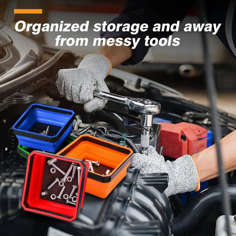 4 Pack Collapsible Silicone Magnetic Tool Trays with Dual Sided Magnetic Base Foldable 4.5 Inch Square Bowls in use