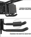 Close-up of Heavy Duty Steel Ski And Snowboard Wall Mount Rack With Double Hooks and Cinch Straps showing durable rust-resistant material.