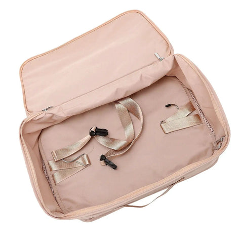 Heavy Duty Mesh Travel Dresser, Large Capacity Hanging Closet Organizer interior with straps for hotel and camping use.
