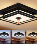 Motion Sensor Outdoor Ceiling Light Black Flush Mount 10.5 Inch Square With Dusk To Dawn Auto Modes, Waterproof Exterior Fixture