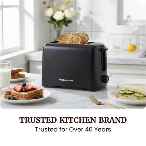 Top Shelf 2 Slice Toaster Features Cool Touch Exterior And Massive 1 25 Inch Slots That Handle Big Bagels And Waffles Like Butter With Six Shade Levers For Crispy Golden Results That Hit Different Every Day A Smooth Operator For Your Kitchen Counter with toasted bread in kitchen setting.