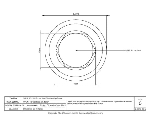 Top view diagram of 3/8-16 x 3 inch UNC socket head cap screw, Pack Of Three 3/8 16 By 3 Inch Unc Socket Head Cap Screws Forged From Pure Grade 2 Titanium For Heavy Duty Builds And Saltwater Projects With Rust Busting Durability And Clean Polish.