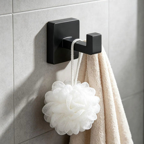 Solid Double Hook Wall Mount For Small Bathrooms Sleek Silver Finish Space Saving Towel Rack With Heavy Duty Grip Easy Wipe Design That Totally Flips Your Messy Vibe Today with two items hanging.