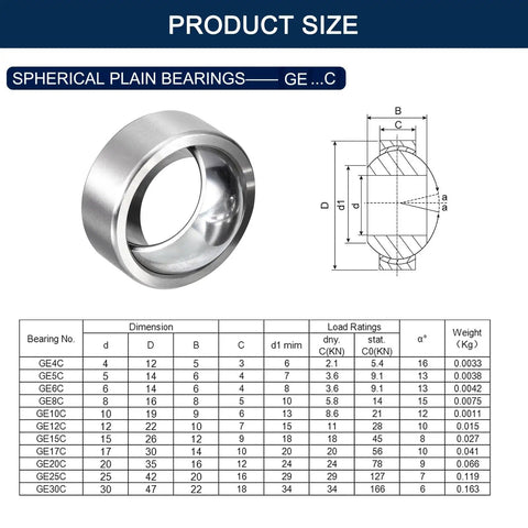 GE10C Radial Spherical Plain Bearings Featuring 10mm Inner Diameter Plus 19mm Outer Diameter And 9mm Width, showing precise dimensions and specifications.