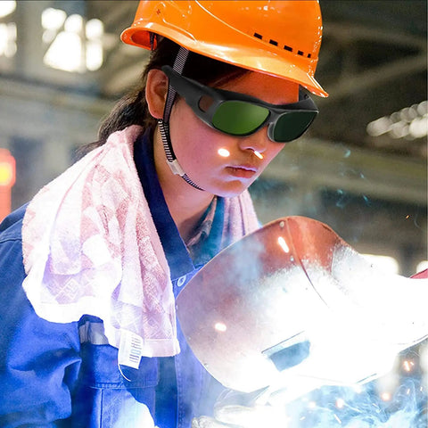 Wrap-Around Welding Glasses Offer Straight-Up UV Shield Blocking 99.9 Percent Rays in use during welding task.