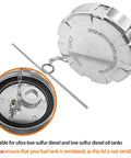 Truck Fuel Tank Cap Non Locking Solid Ultra Low Sulfur Three And A Half Inch Nominal Five Point Five TPI Replacement For FTA C 442 Compatible With Heavy Duty Trucks And Fleet Vehicles, shown with safety chain and seal.