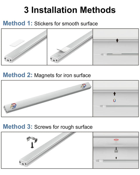 Installation methods for the Brighten Your Kitchen With Dimmable Under Cabinet Lighting Kit showing stickers, magnets, and screws.
