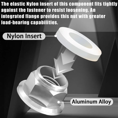 Heavy Duty M3 Flange Lock Nuts With Nylon Insert For Killer Grip That Gonna Hold Tight On 1 12 RC Crawlers DIY Furniture Or Shop Builds In Clean Aluminum 12 Piece Set close-up of nylon insert and aluminum alloy nut.
