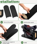 Installation steps for 12 Pack Adjustable Shoe Slot Organizers; showing double layer setup for heels in sleek black woven finish.