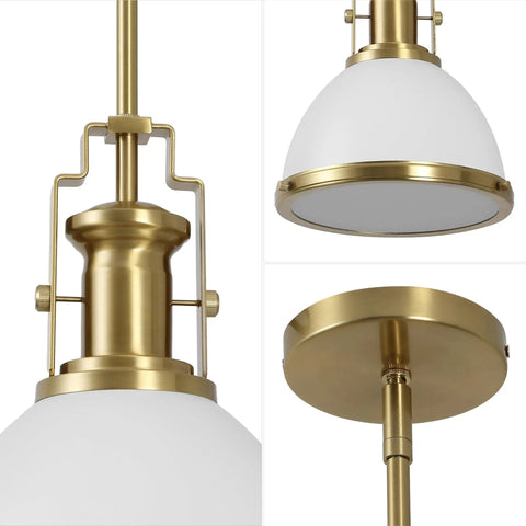 Brass Gold Modern Industrial 10 Inch Pendant Light with White Dome Shade, close-up view showing brass fixture and dome details.