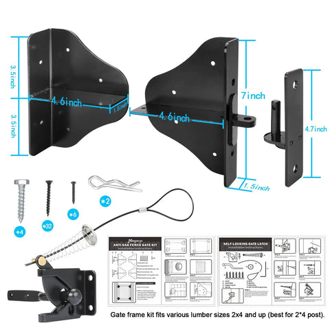 Fence Gate Kit With Gate Latch And Beefy Hinges 90 Degree Right Angle Brackets Anti Sag Gate Hardware Corner Brace Set details and dimensions