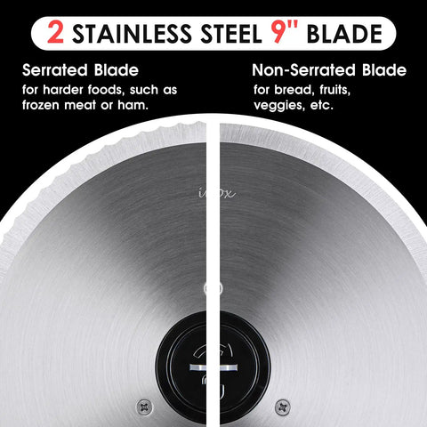 Solid 9 Inch Electric Meat Slicer With Removable Stainless Steel Blade And Quick Turn Thickness Dial showing serrated and non-serrated blades.