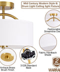 13 Inch Mid Century Modern Flush Mount Ceiling Light With Cream White Fabric Shade And Antique Brass Finish 3 Light Drum Fixture For Bedroom Dining Room Foyer And Kitchen, showing fabric shade and brass detailing.