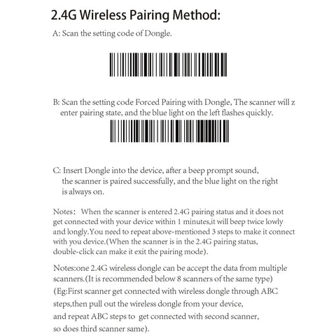 Instructions for 2.4G wireless pairing method with barcodes for Bluetooth Wireless 2D Barcode Scanner With Auto Sensing Stand Hands Free Scanning