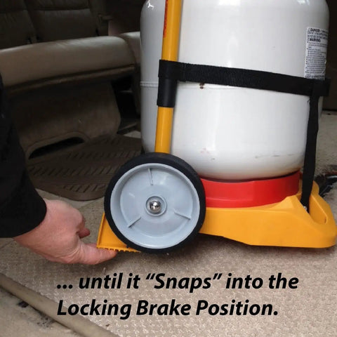 Person securing Portable LP Tank Carrier Cart With Wheels No More Heavy Lifting For Propane Tanks Heavy Duty Cylinder Dolly
