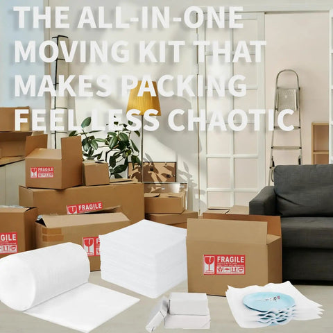 Kickass Packing Supplies Bundle Featuring Thick Foam Wrap Roll And Dense Cushion Mats For Smooth Sailing And No Damage Hauling On Large Household Moves with boxes and packing materials.