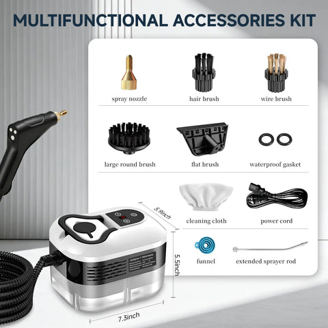 Multifunctional accessories kit for Ultra Powerful 2500W Handheld Steam Cleaner For Home, including brushes and nozzles.