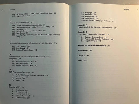 Open book showing contents page of 'Programmable Controllers And Designing Sequential Logic A Practical No Nonsense Guide For Industrial Controls Microprocessor Interfaces And Real World Control Projects' highlighting chapters and topics.
