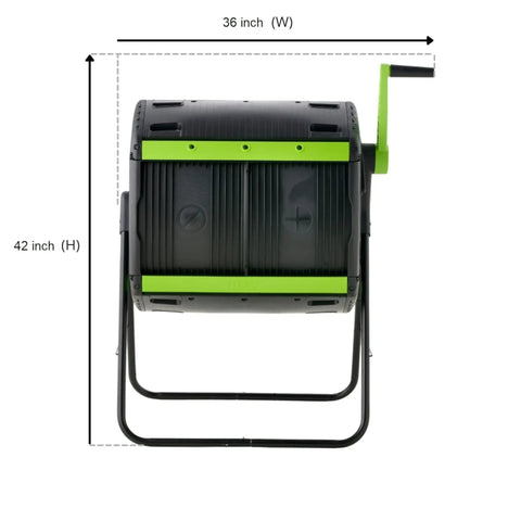 48 Gallon Geared Two Compartment Compost Tumbler with green handles, black poly construction, front view, 36x42 inches size